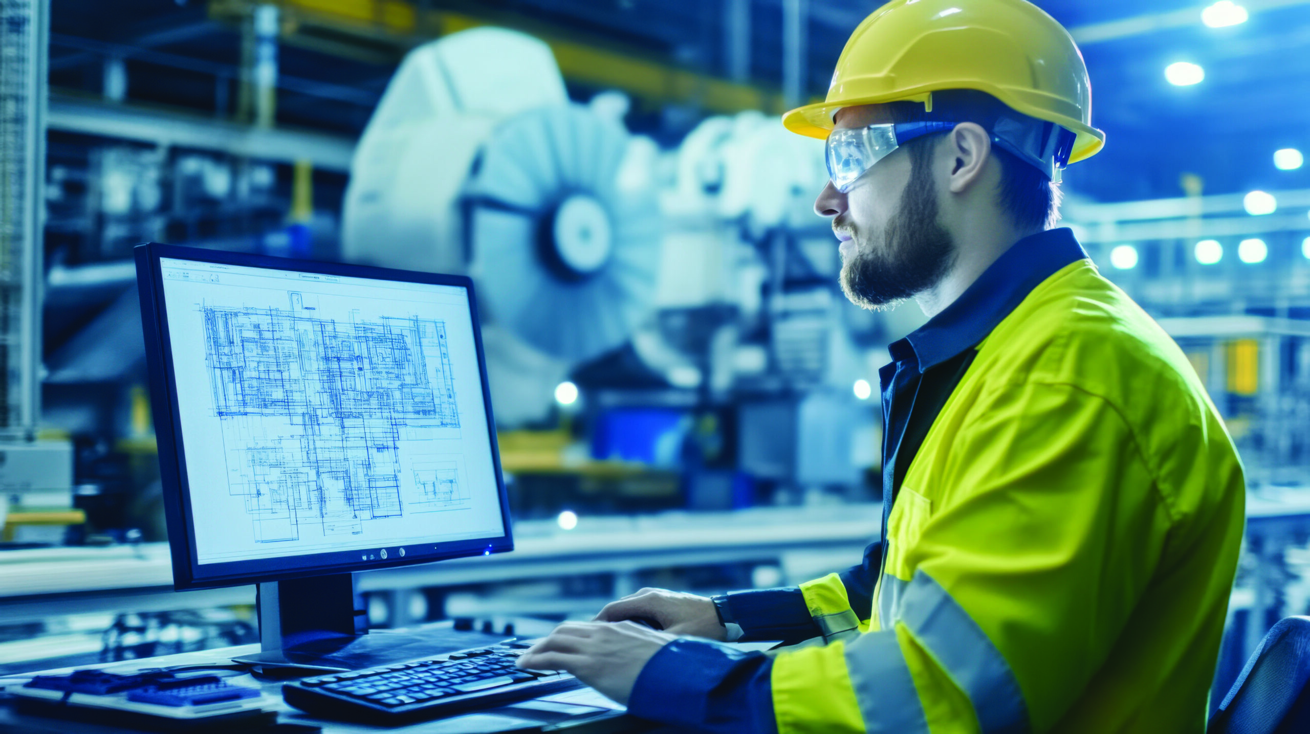 An engineer reviewing blueprints on a computer in an industrial factory